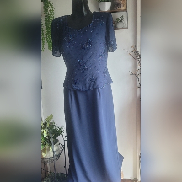 Monique Collection Vintage navy blue beaded maxi dress Size L - Picture 1 of 12